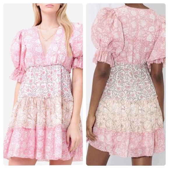 NEW SAYLOR Leigha Puff Sleeve Floral Boho Mini Dress Sz L Pink Baby Doll Dress